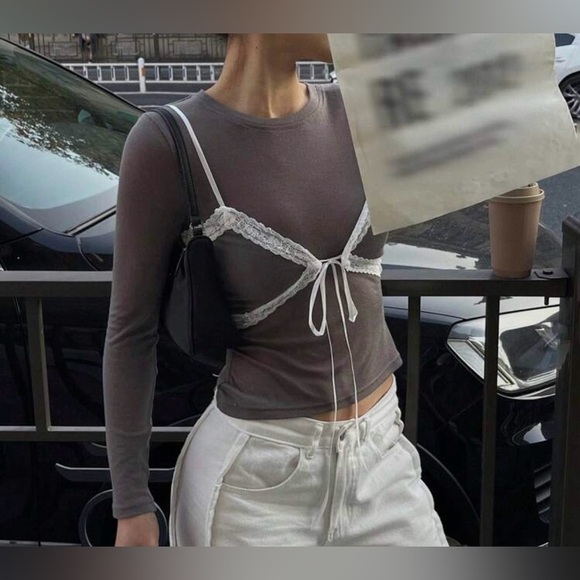 LAST ONE Gray Long Sleeve Top with White Lace Detail - Picture 3 of 9